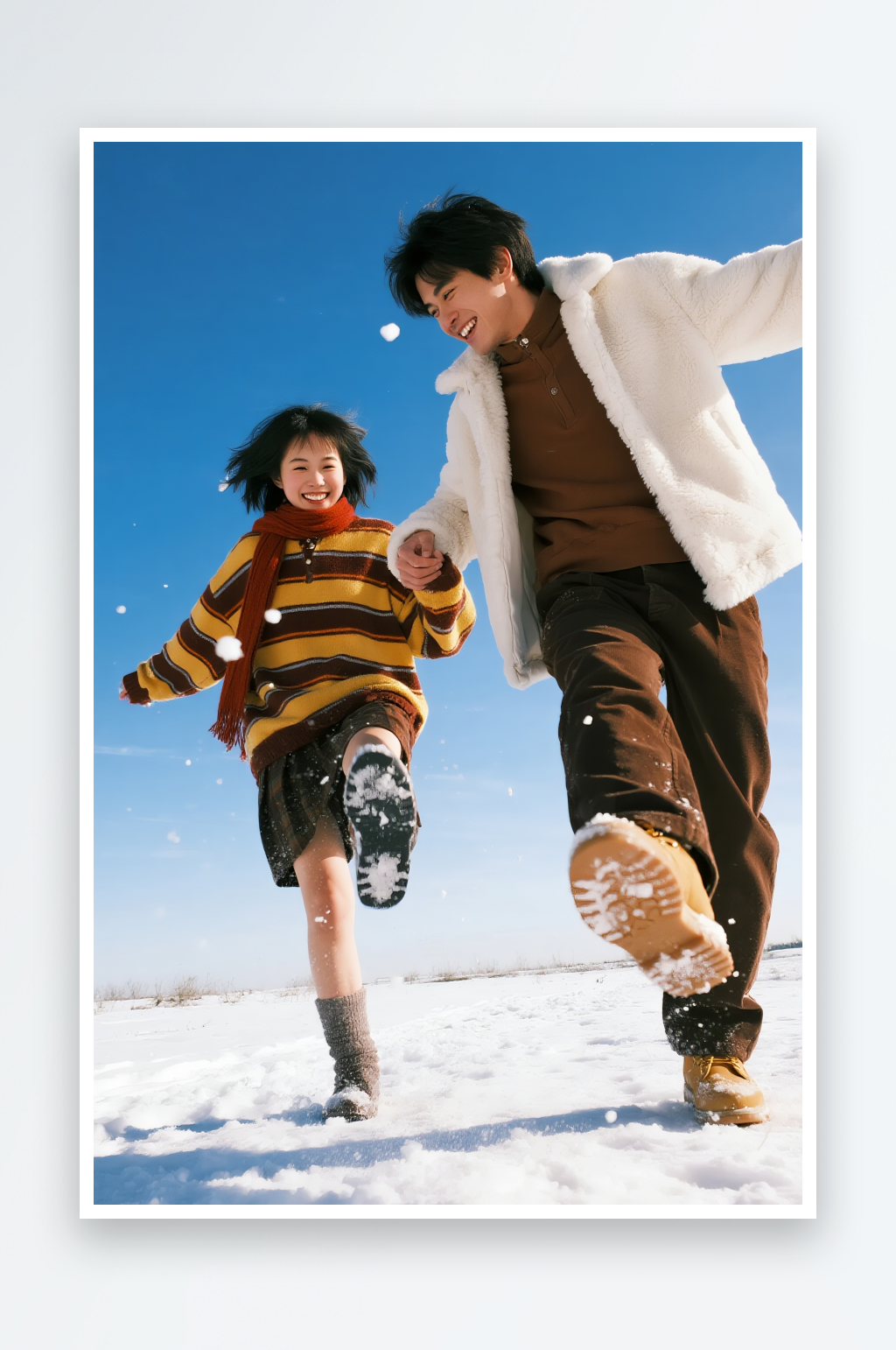 冬季服饰羽绒服年轻情侣玩雪花立冬冬季旅游情侣潮流青年人物摄影图素材