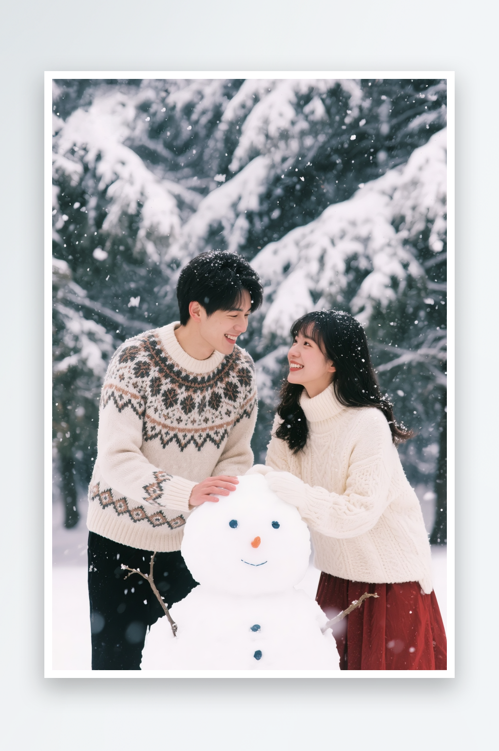 雪地堆雪人立冬冬季情侣人物摄影图素材