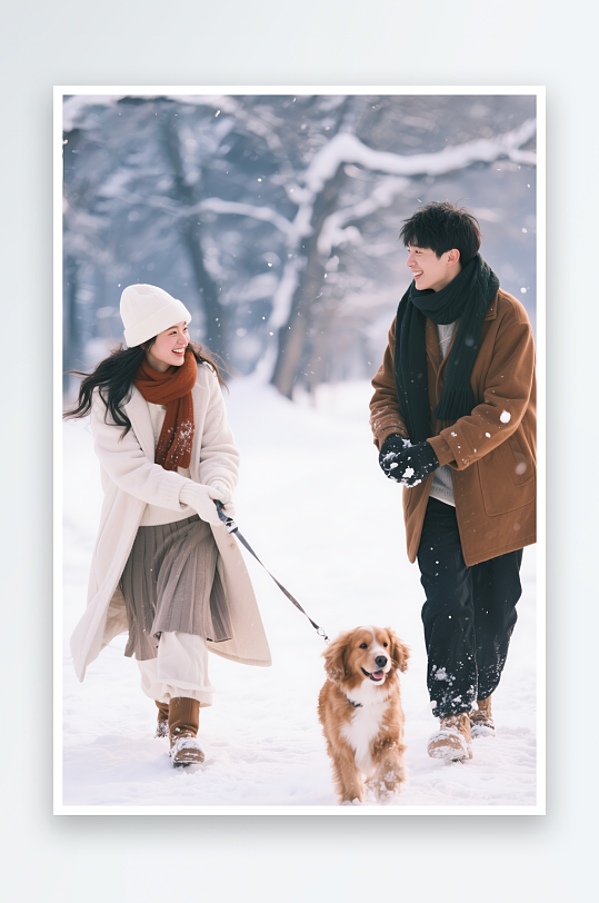 年轻情侣遛狗立冬冬季旅游情侣人物摄影图-众图网