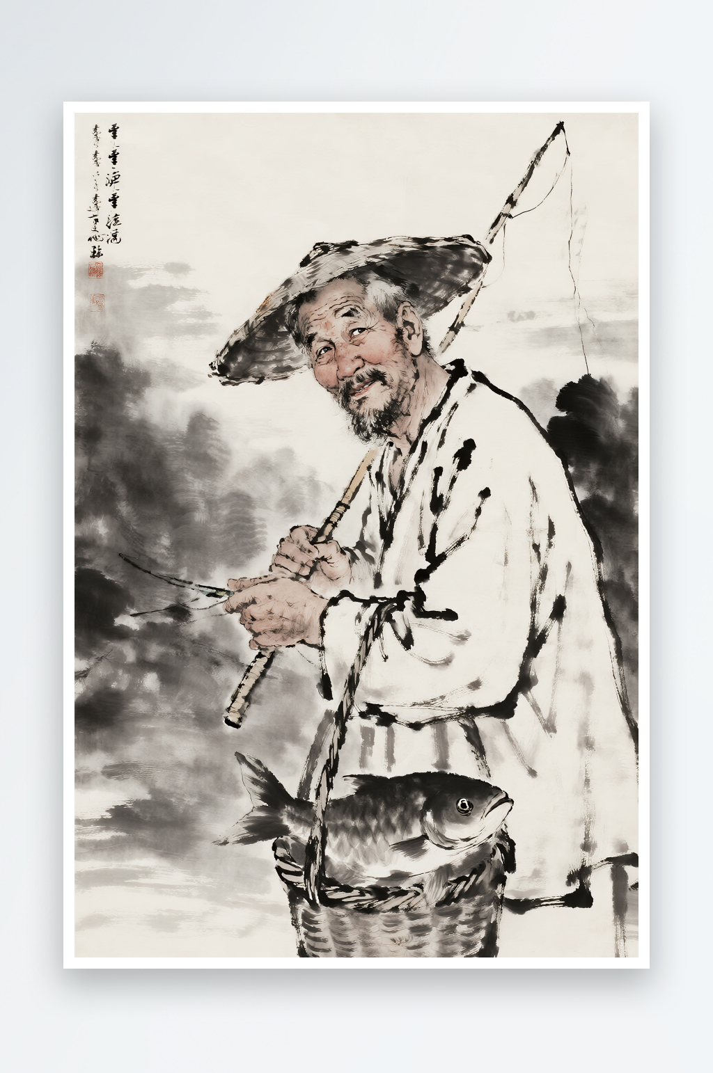 渔夫捕鱼河边钓鱼垂钓人物渔夫插画素材