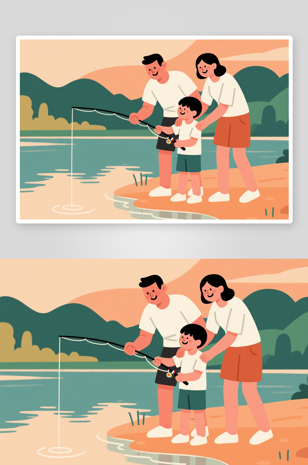 亲子河边钓鱼垂钓人物渔夫插画素材