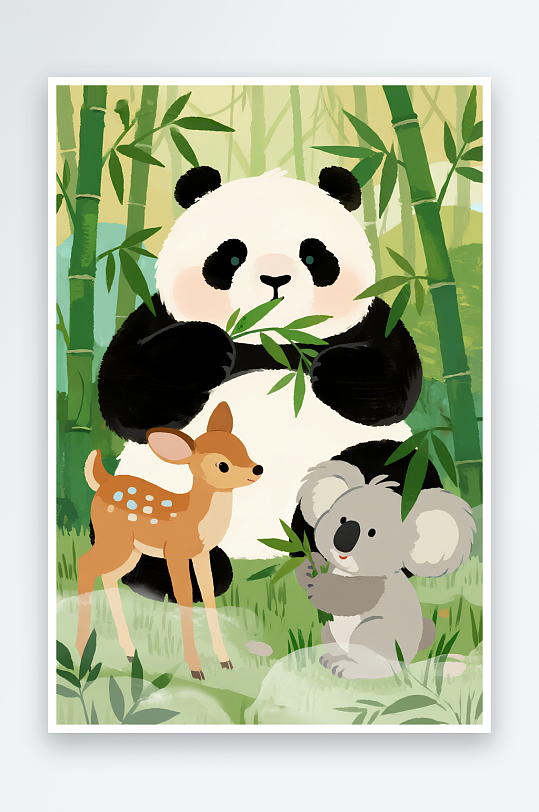 熊猫麋鹿考拉森林保护野生动物组合插画