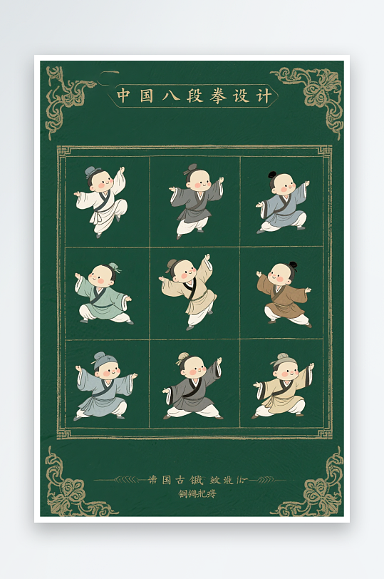 卡通手绘中医文化八段锦人物插画