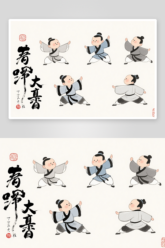 卡通手绘中医文化八段锦人物插画-众图网