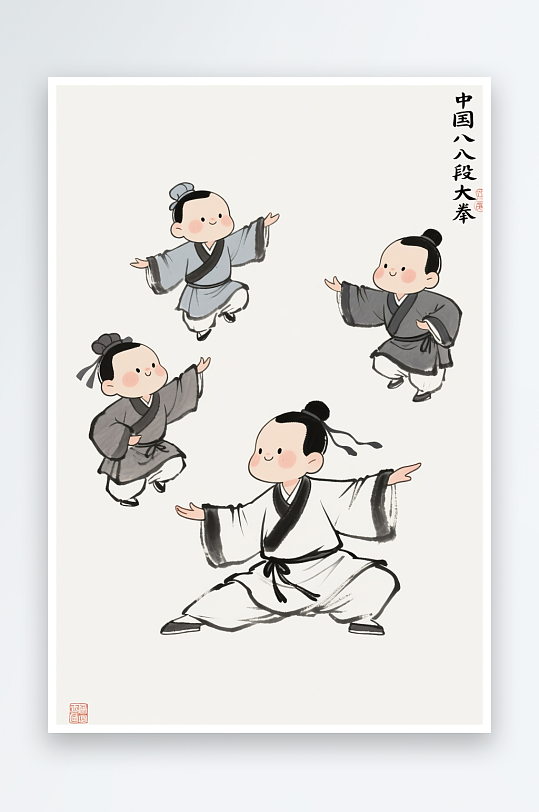 国风手绘中医文化八段锦人物插画