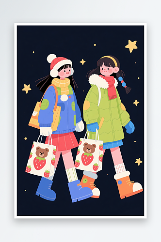 逛街购物扁平化插冬季冬天立冬购物人物插画