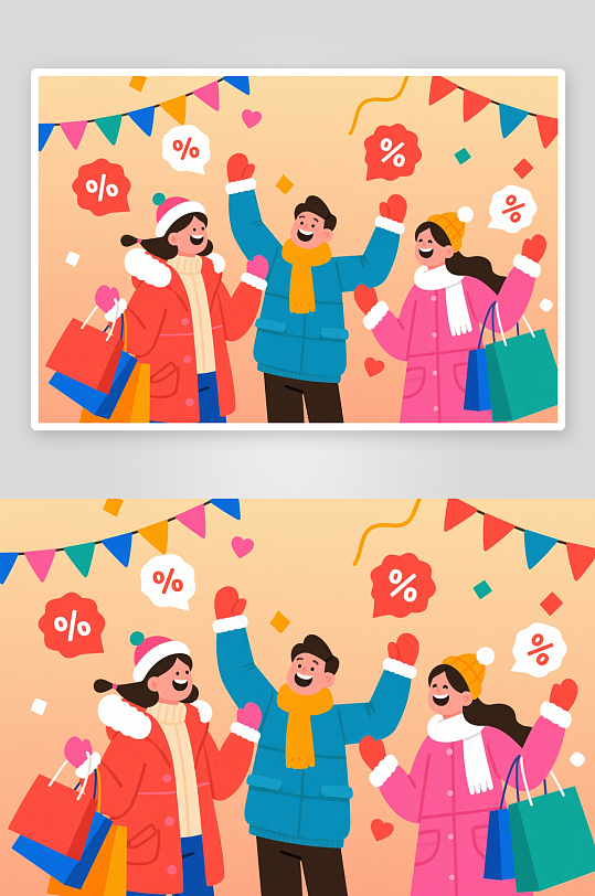 逛街購物扁平化插冬季冬天立冬購物人物插畫