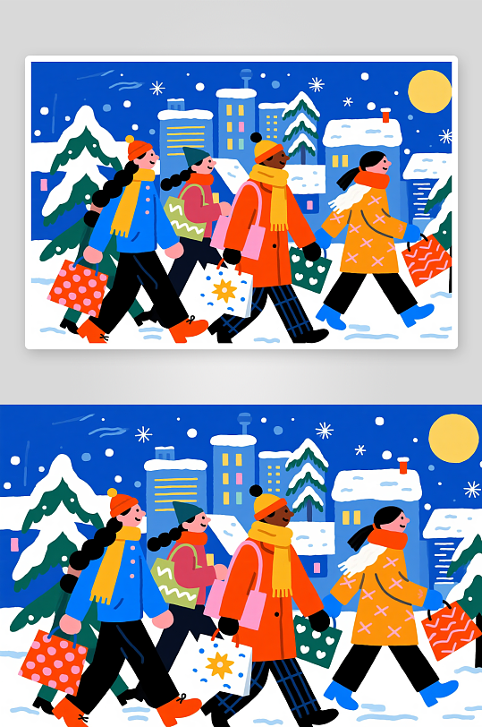 人们购物购物车冬季冬天立冬购物人物插画-众图网