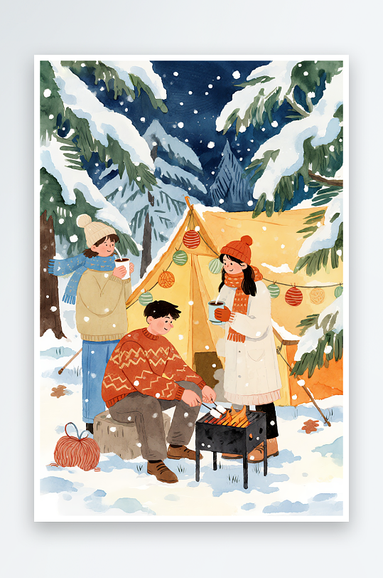 休闲草地露营冬季冬天小雪大雪户外露营旅游人物插画-众图网
