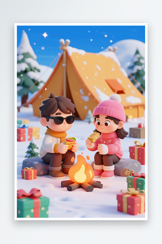 篝火咖啡冬季冬天户外露营旅游人物插画-众图网