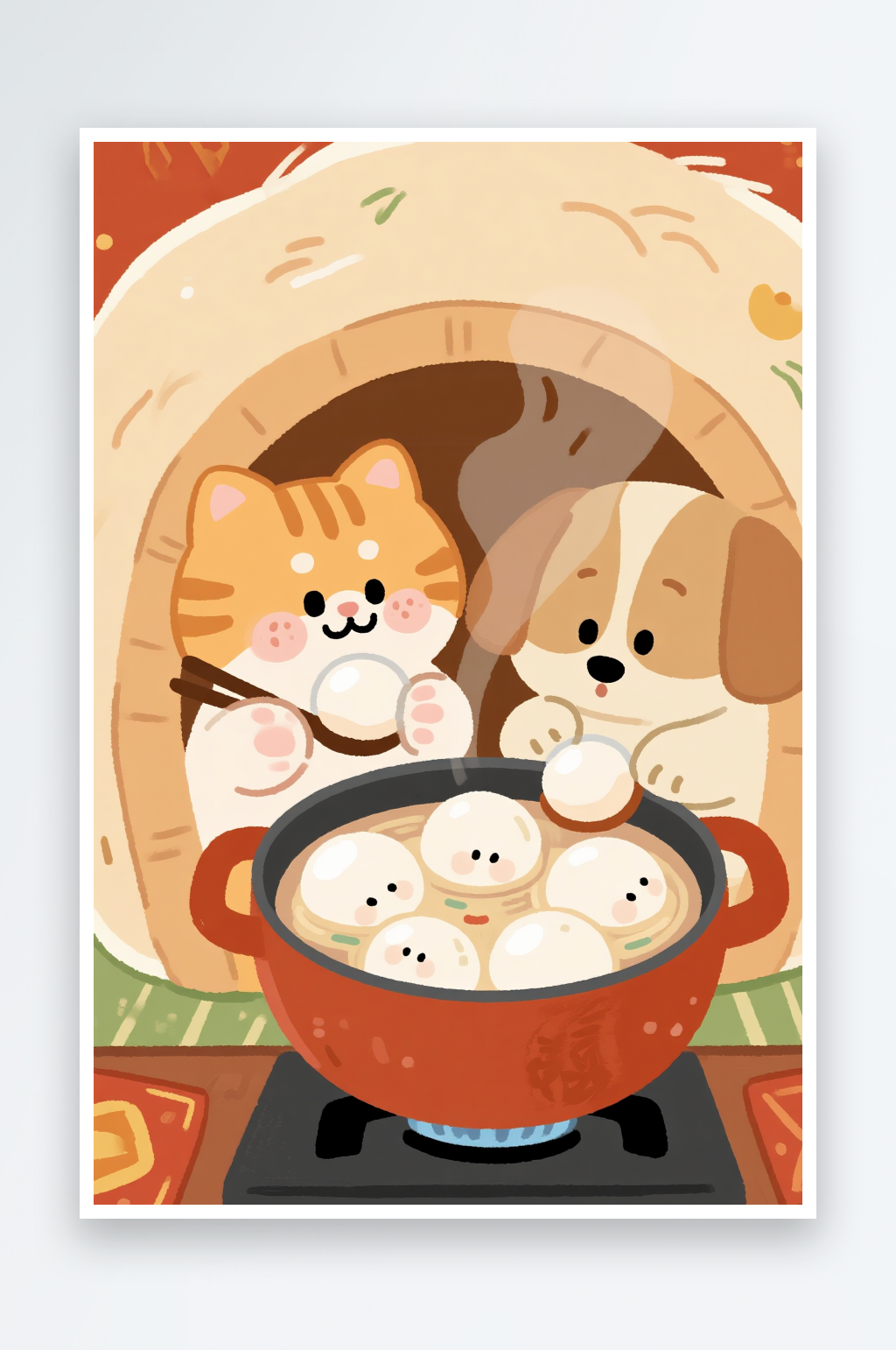 饺子汤圆冬季立冬节气冬至卡通动物插画素材