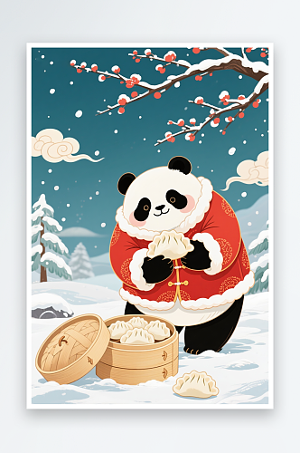 看雪地玩耍立冬冬至饺子冬季立冬节气冬至卡通动物插