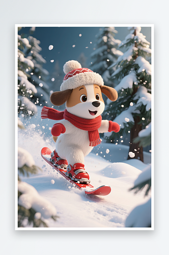 动物滑雪堆雪人冬季立冬节气冬至卡通动物插画