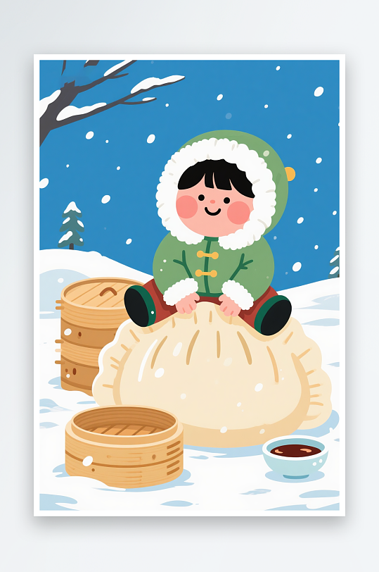 坐在饺子上冬季冬天立冬冬至饺子卡通人物插画-众图网