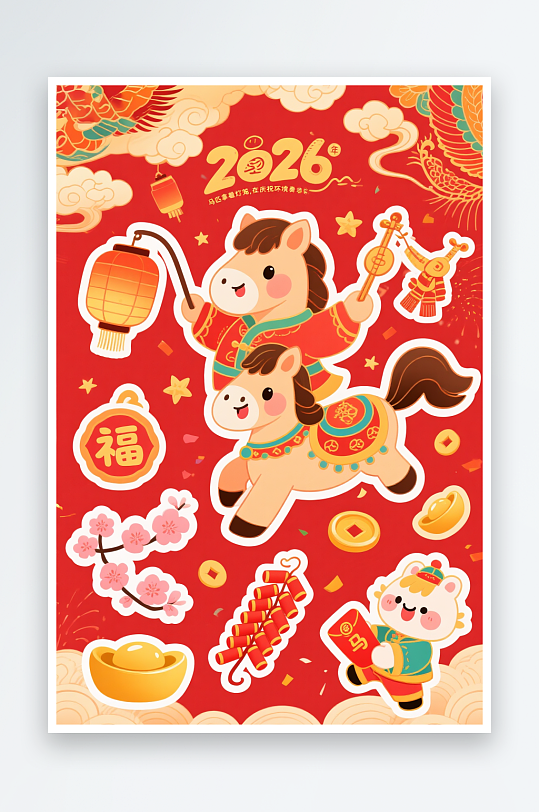 马年2026年卡通手账贴纸插画-众图网