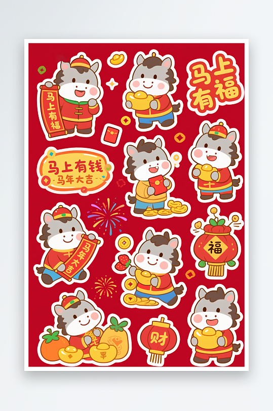 桃花麻将马年2026年卡通手账贴纸插画-众图网