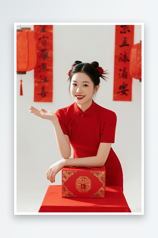 國(guó)潮新年年貨節(jié)購(gòu)物直播間帶貨人物攝影圖