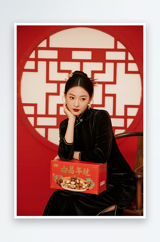 國(guó)潮新年年貨節(jié)購(gòu)物直播間帶貨人物攝影圖