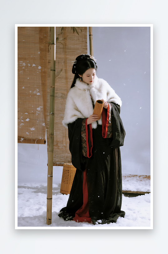 紅色斗篷中國(guó)風(fēng)冬季冬天漢服古代人物攝影圖