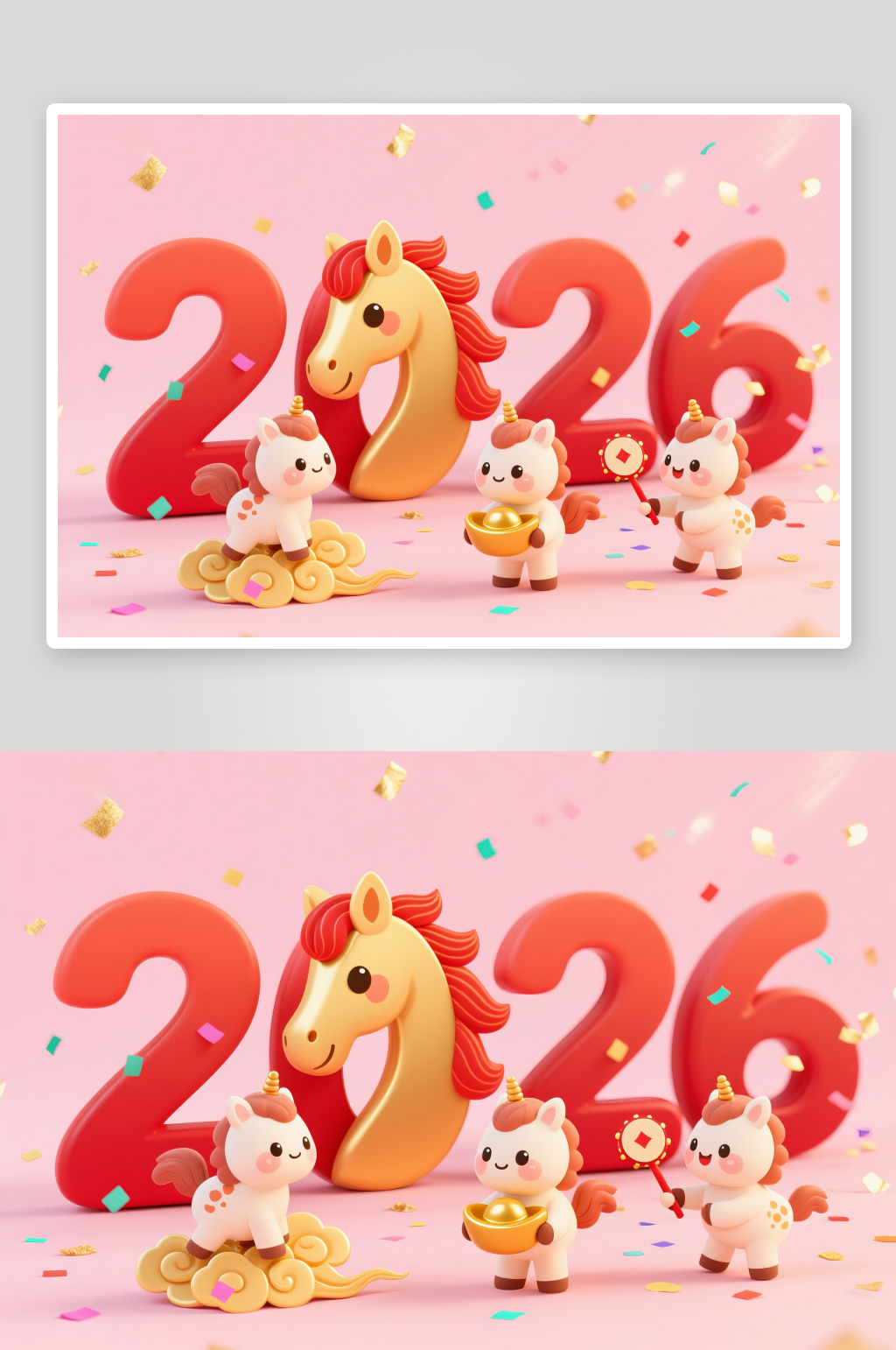 可爱灯笼鞭炮2026年马年组合插画素材