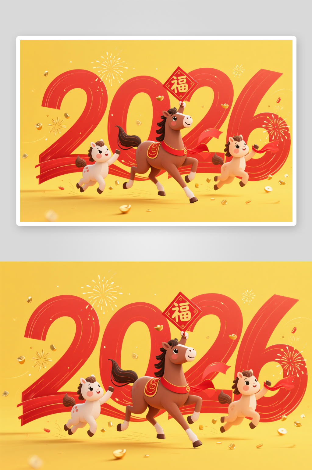 可爱灯笼鞭炮2026年元旦节马年组合插画素材