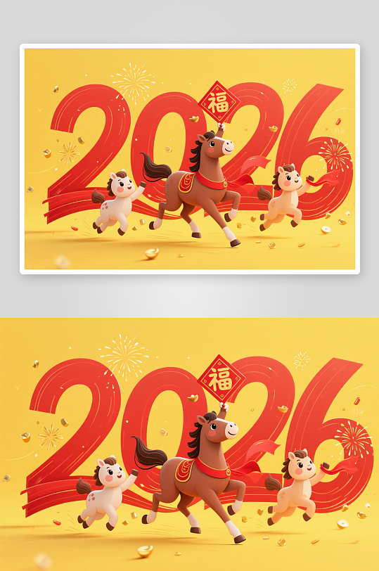 可爱灯笼鞭炮2026年马年组合插画-众图网