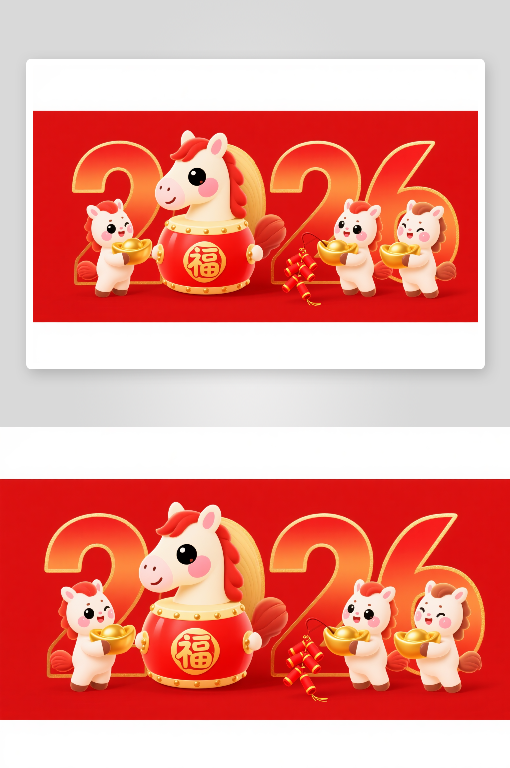可爱灯笼鞭炮2026年马年组合插画素材