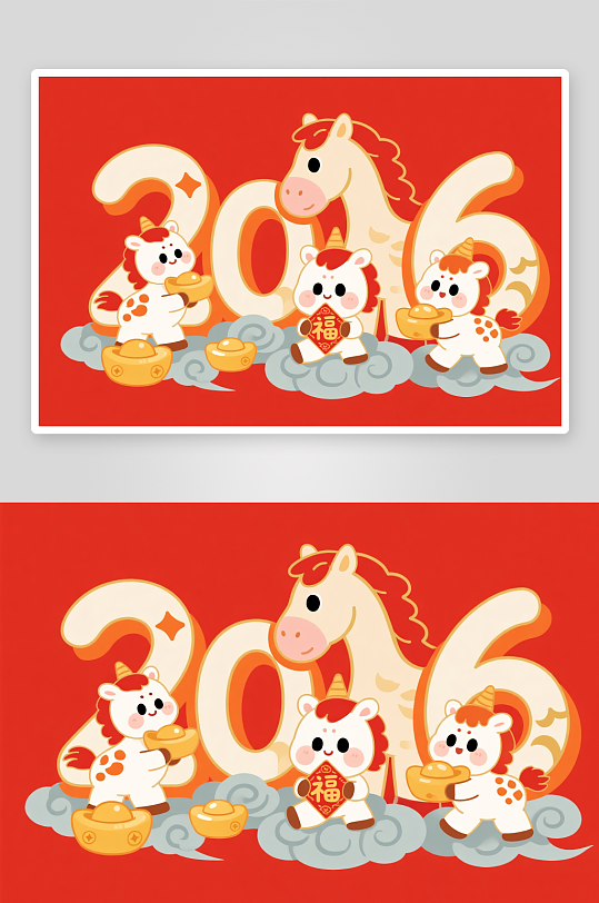 可爱灯笼鞭炮2026年马年组合插画-众图网