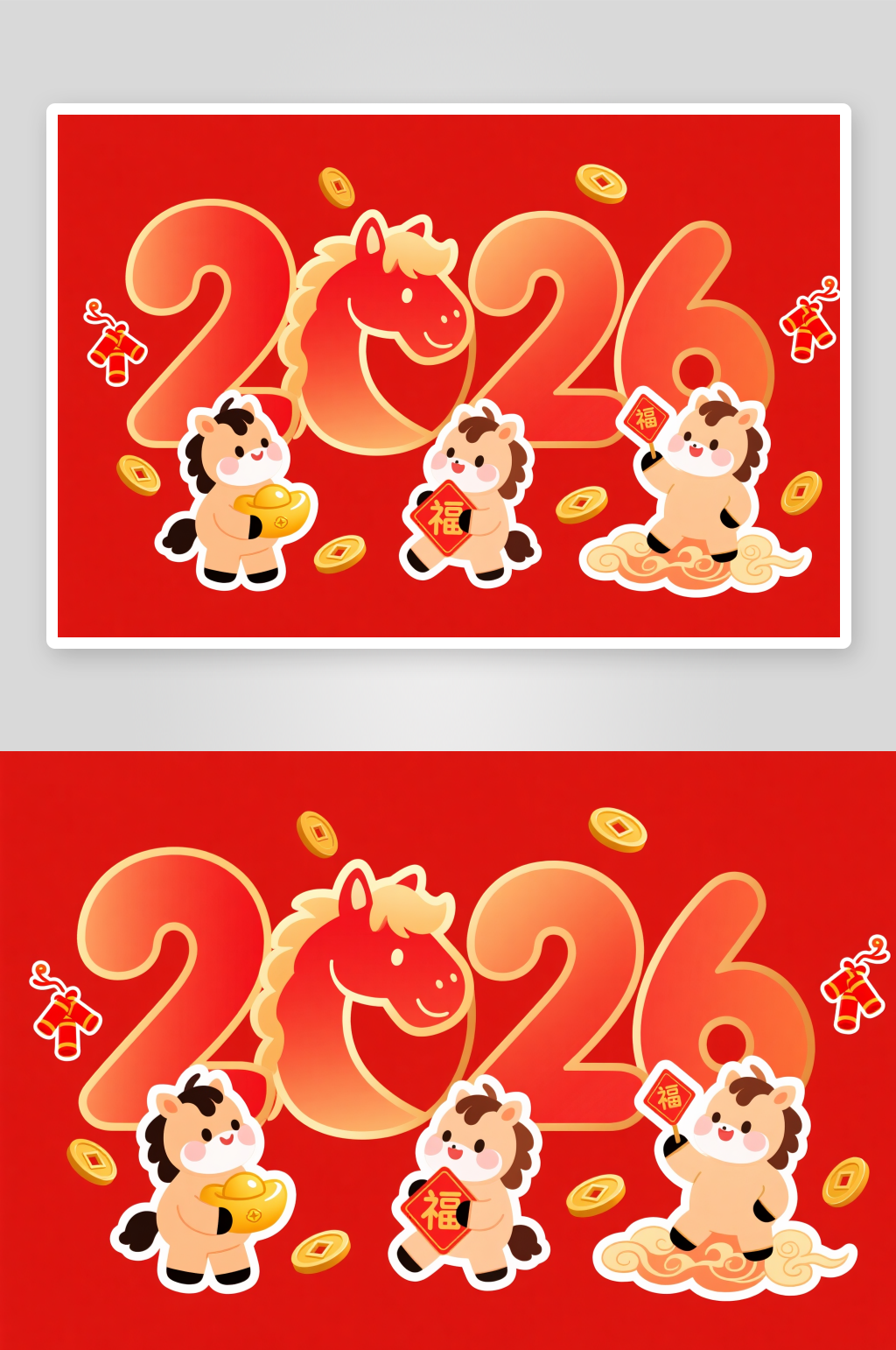 可爱灯笼鞭炮2026年马年组合插画素材