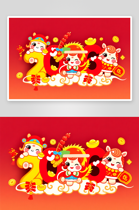 桔子元宝十二生肖2026年马年组合插画-众图网