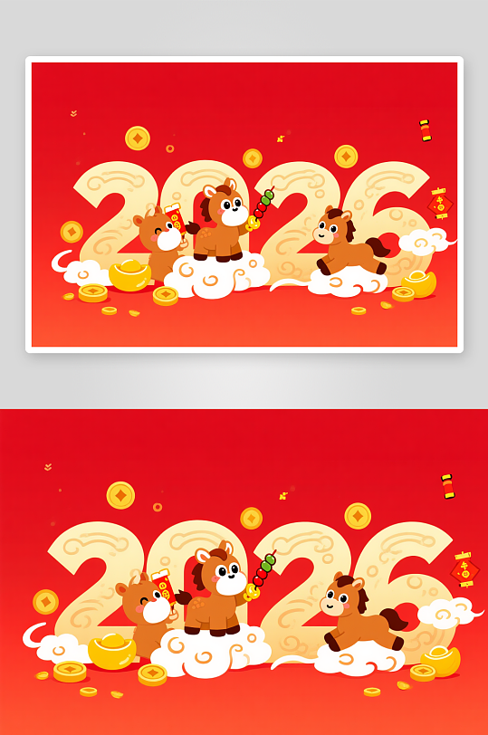 桔子元宝十二生肖2026年马年组合插画-众图网