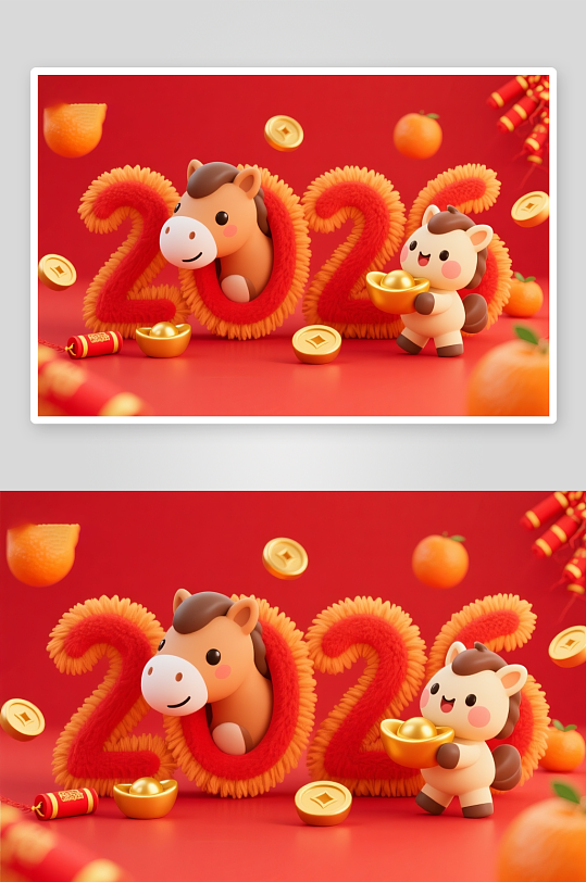 卡通十二生肖2026年马年组合插画-众图网