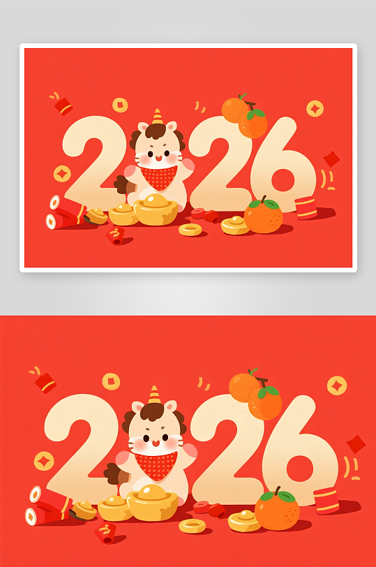 卡通十二生肖2026年马年组合插画-众图网