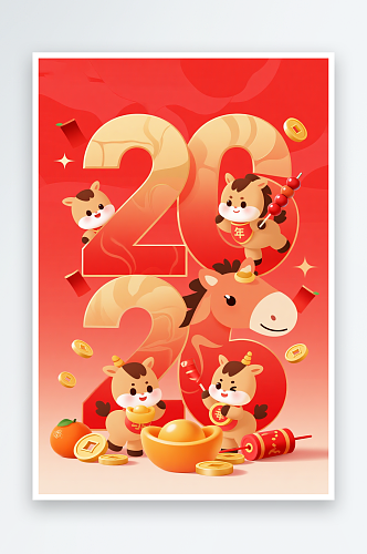 卡通十二生肖2026年元旦节马年组合插画