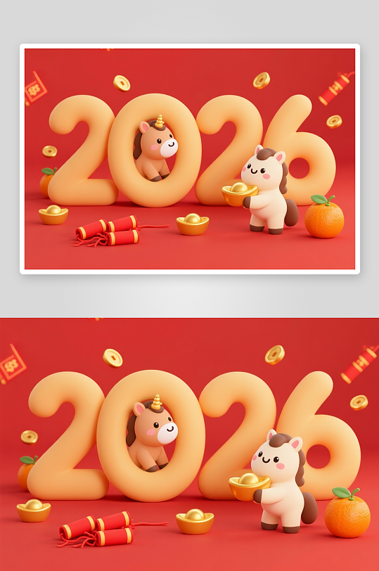 卡通十二生肖2026年马年组合插画-众图网