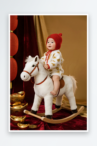 黑白骏马马年骏马儿童人物写真摄影图