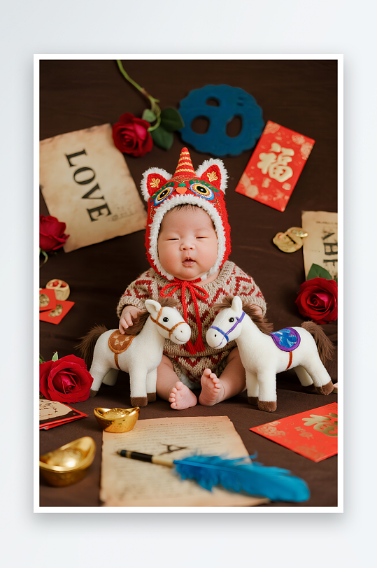 中国风马年骏马儿童人物写真摄影图-众图网