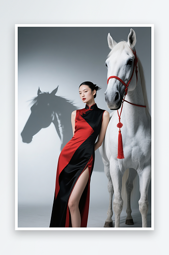 红色国风唐装新年马年骏马美女新年医美人物写真摄影图