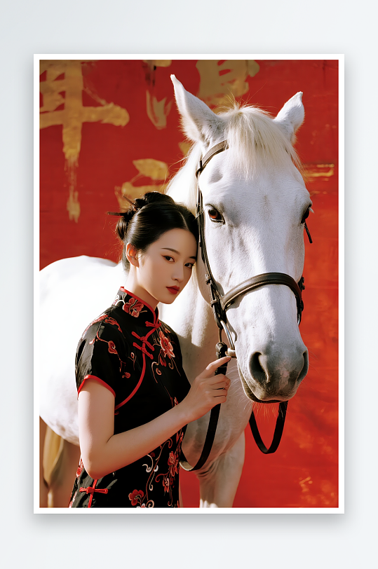 红金中式马年骏马美女人物写真摄影图-众图网