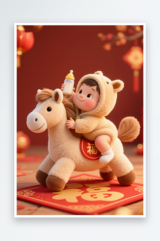 3D卡通马年生肖宝宝儿童插画-众图网
