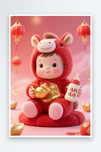 新年快乐金元宝红包马年生肖宝宝儿童插画