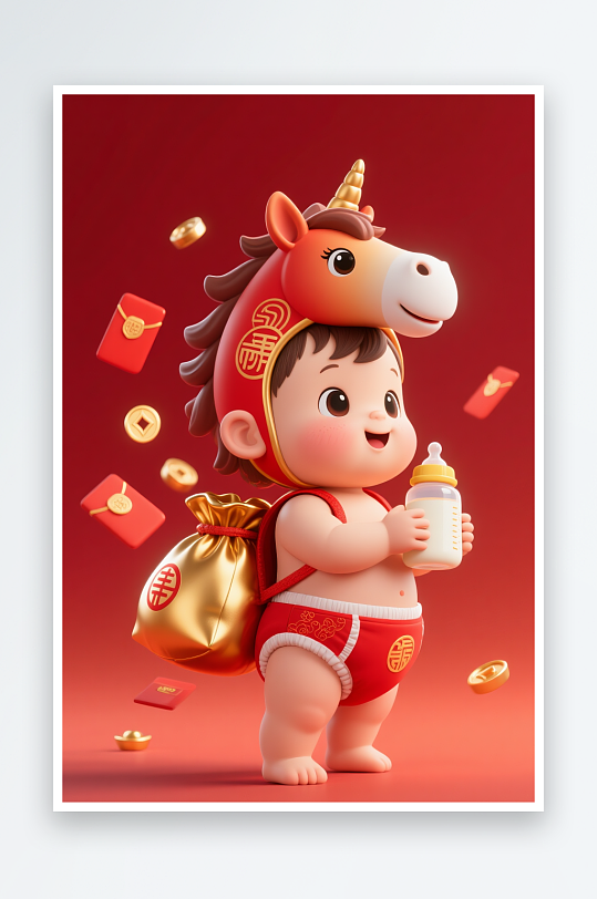新年快乐金元宝红包马年生肖宝宝儿童插画-众图网