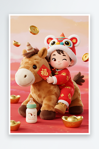 红色奶瓶金元宝马年生肖宝宝儿童插画