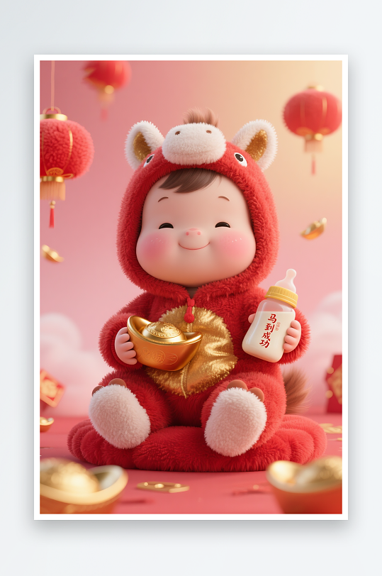 红色奶瓶金元宝马年生肖宝宝儿童插画-众图网