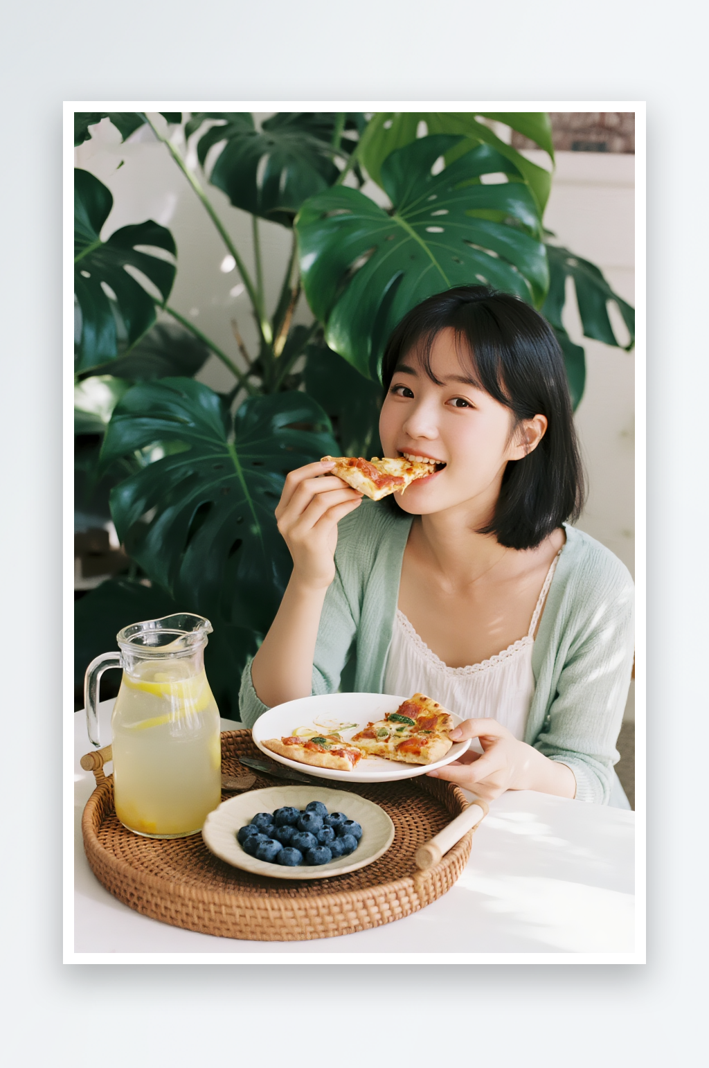 帅哥美女吃榴莲披萨美食摄影图素材