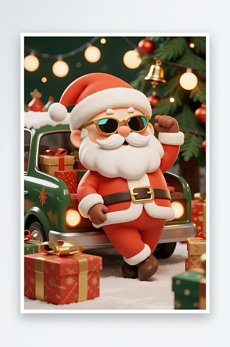 骑摩托车立体圣诞节圣诞老人模型插画