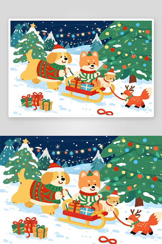 圣诞礼物圣诞节卡通动物宠物萌宠插画-众图网