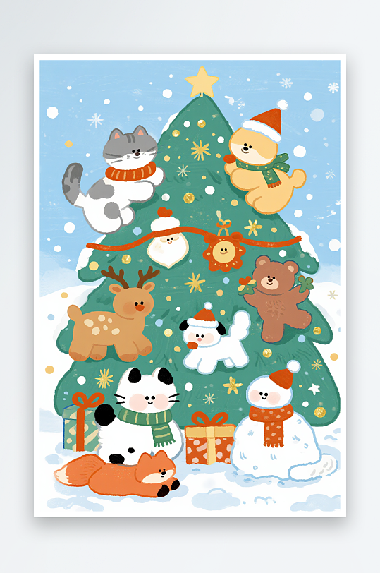 小熊小鹿礼物圣诞节卡通动物宠物萌宠插画-众图网