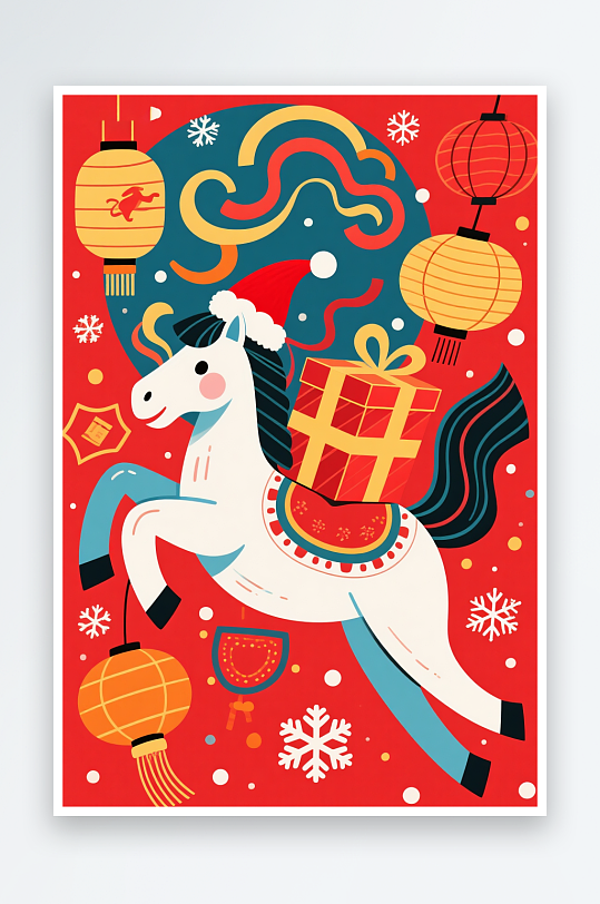 马年圣诞节元旦节圣诞老人双节同庆插画-众图网