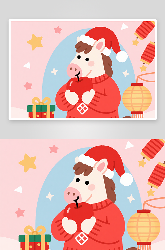 马年圣诞节元旦节圣诞老人双节同庆插画-众图网